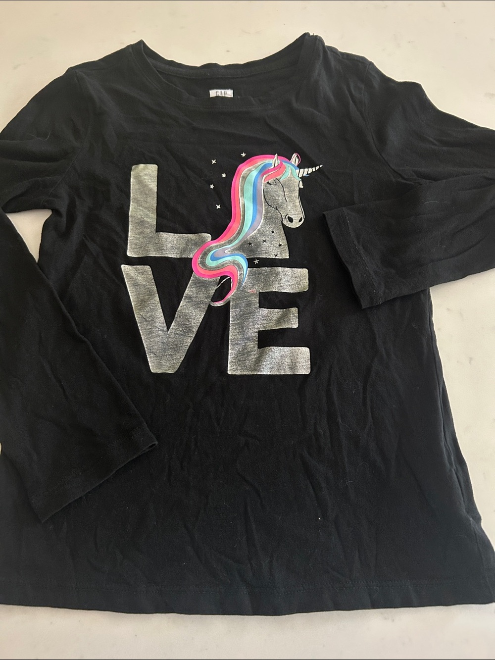 GAP Black Long-Sleeve Tee with Silver LOVE and Colorful Unicorn